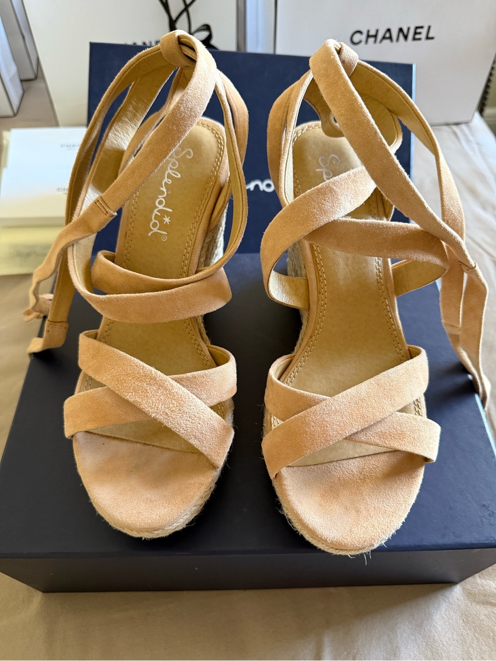 Splendid Tan Suede Espadrille Wrap Wedges